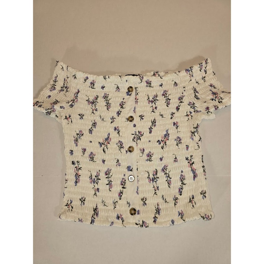 Derek Heart Floral Smocked Off Shoulder Button‎ Up Crop Top White Women's L
